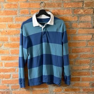 GAP Men's Blue and Teal Striped Polo Shirt